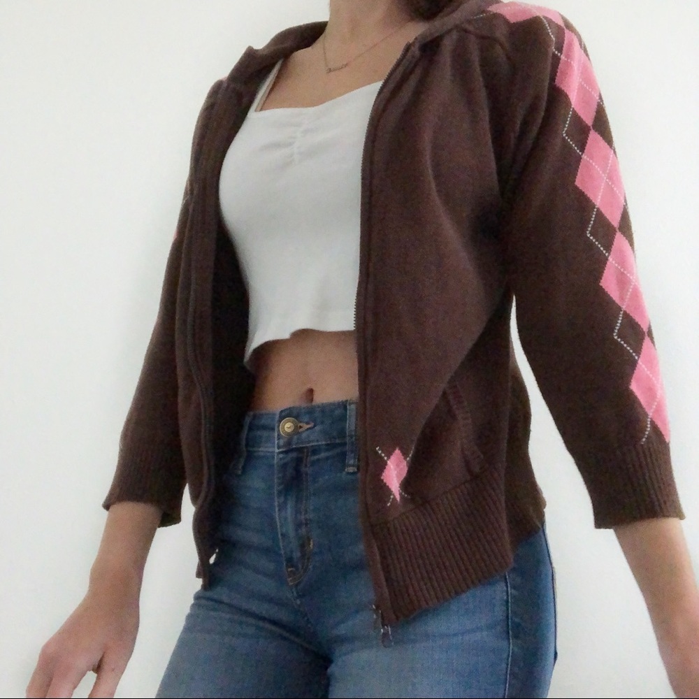 Brown and pink argyle zip up hoodie sweater
